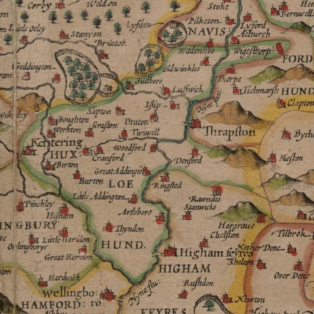Section of Speed's map of Northampton covering Huxloe hundred.