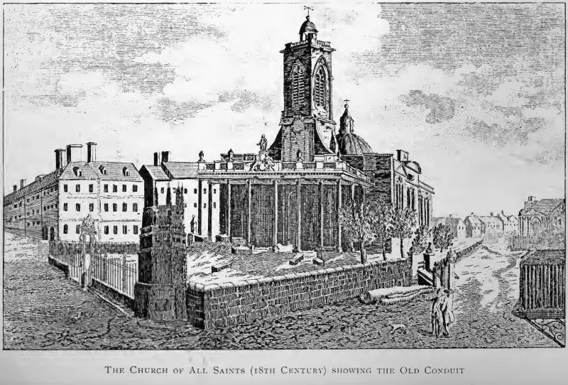 18th century engraving of All Saints, Northampton showing the extent of the graveyard