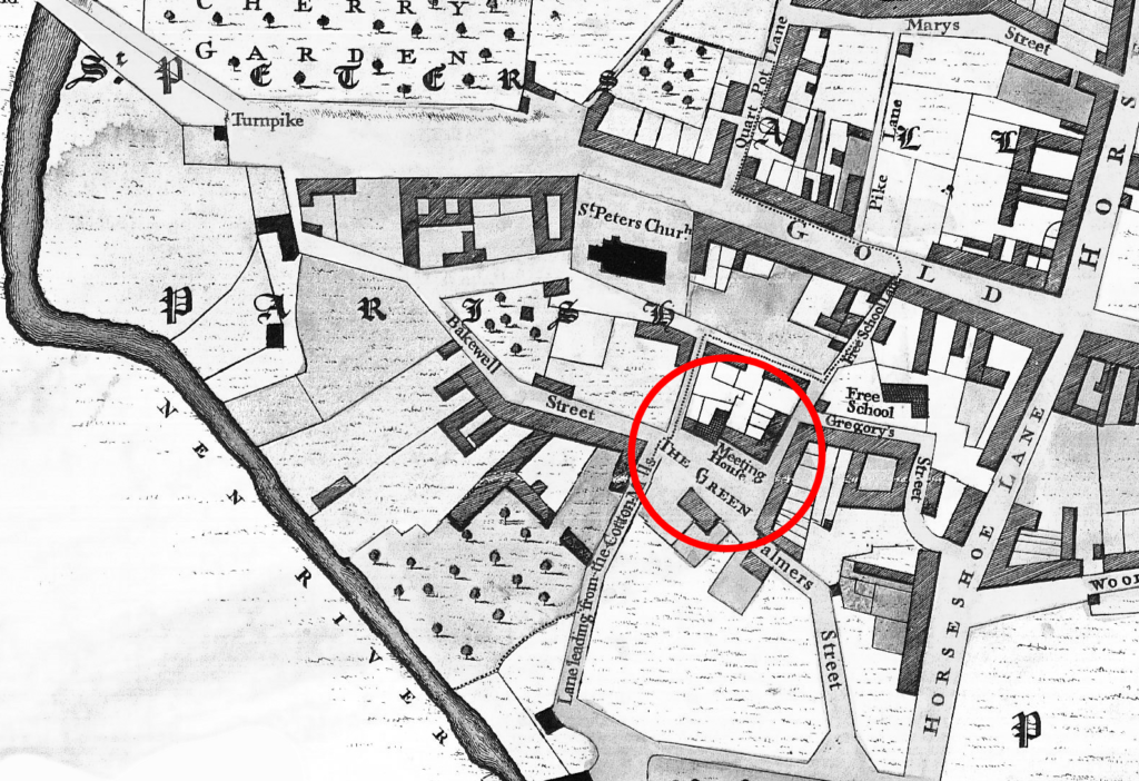 Location of the chapel on The Green from a map of Northampton by Noble and Butlin, 1746