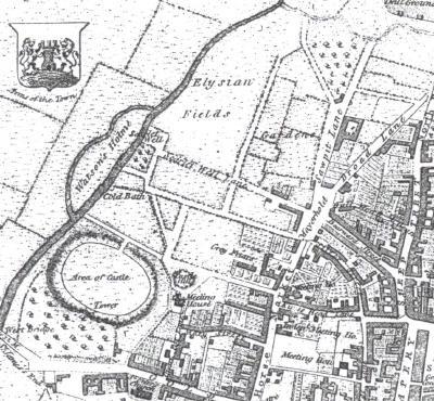 This view of pre-Victorian Boroughs shows the area around Northampton Castle with the street layout familiar even today
