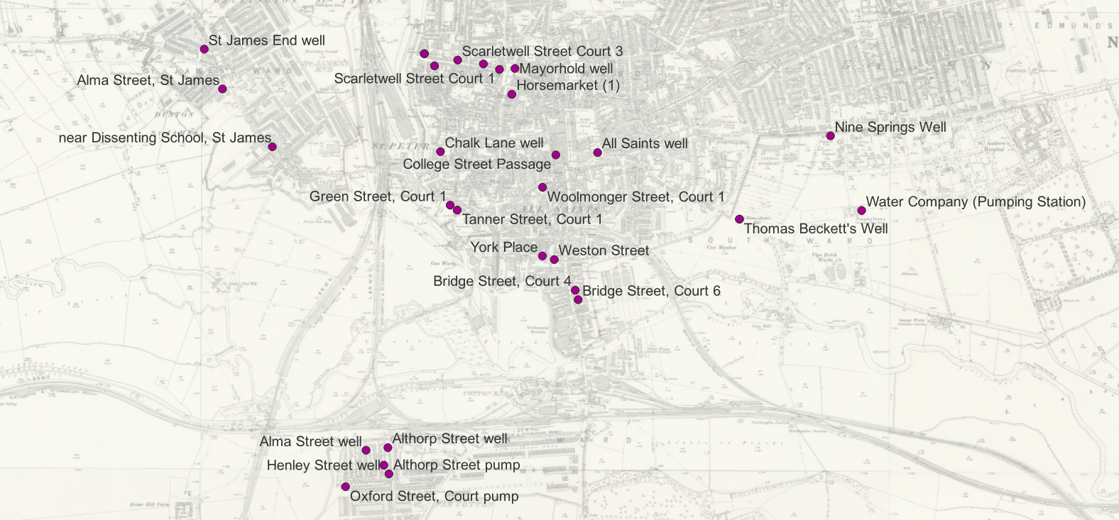 Location of wells and pumps mentioned in the text overlayed on a historic map of Northampton circa 1885