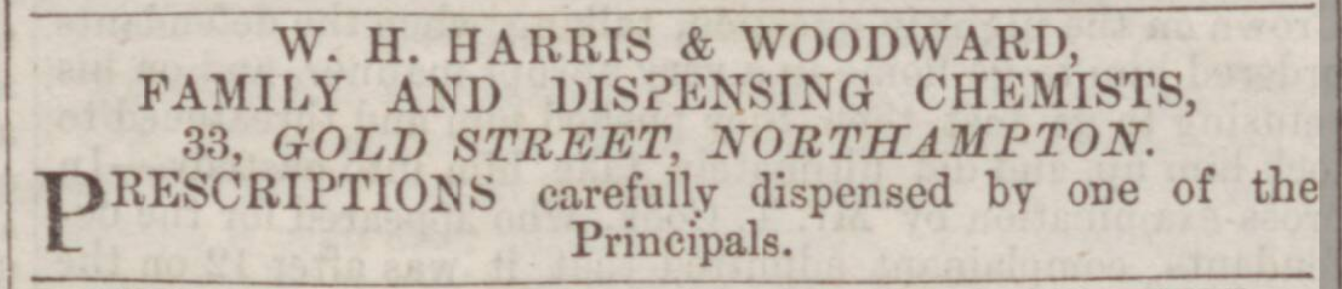 Advertisment for W H Harris & Woodward, family and dispensing chemists