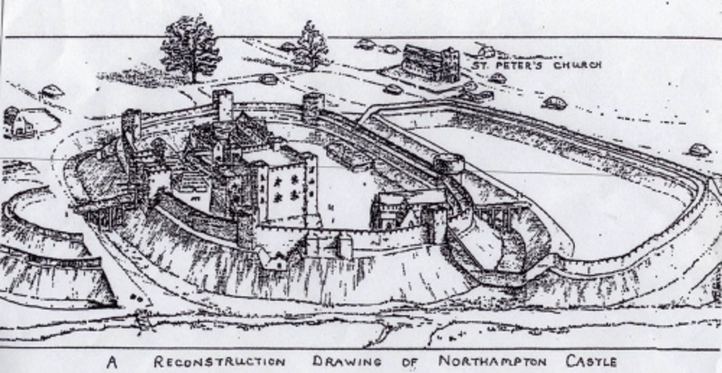 Artist's impression of a reconstructed view of Northampton Castle. Black and white line drawing.