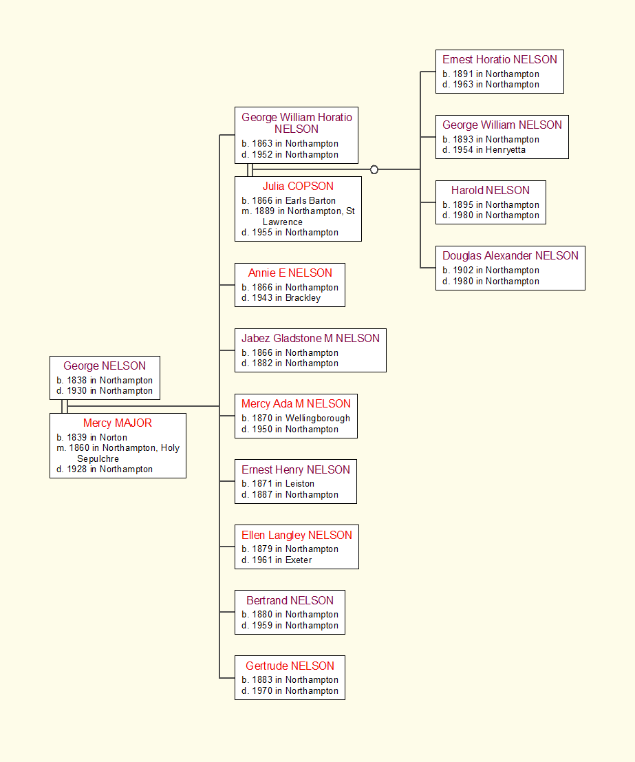 Family tree of George Nelson and Mercy Major, two generations