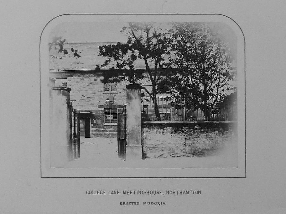 Line drawing of College Lane Baptist Chapel, Northampton. Built 1715, demolished in 1862.