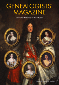 Cover of the Genealogists' Magazine, June 2025. Cover pietures: Main image: King Charles II, c.1675, by Godfrey Kneller. Inset, left to right: Barbara Villiers, Countess of Castlemaine and Duchess of Cleveland, c.1680, by Peter Lely. Louise de Keroualle, c.1670, by Henri Gascar. 'Nell' Eleanor Gwyn (Gwynne), c.1670,
by Peter Lely. Luey Walter, c.1650, by Peter Lely. 'Moll' Mary Davis, c.1670, by Peter Lely.