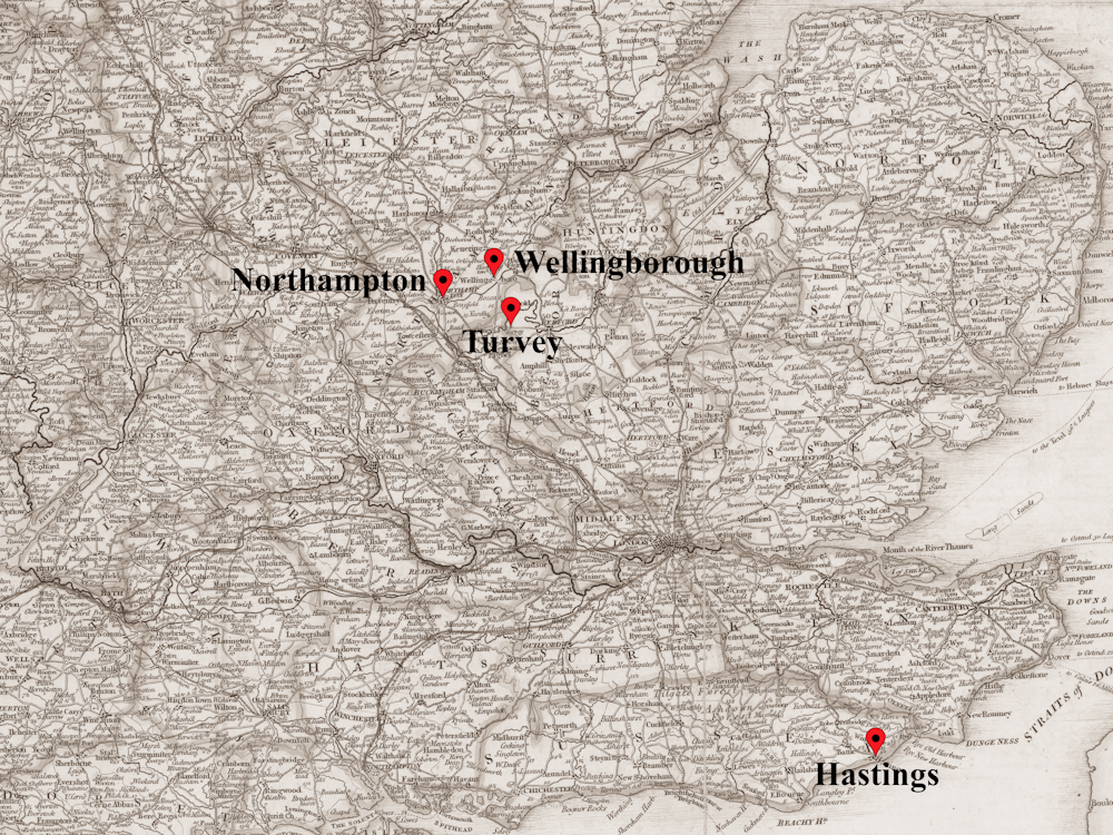 Part of an 1838 map of England by James Wyld showing the location of Northampton, Wellingborough, Turvey and Hastings.