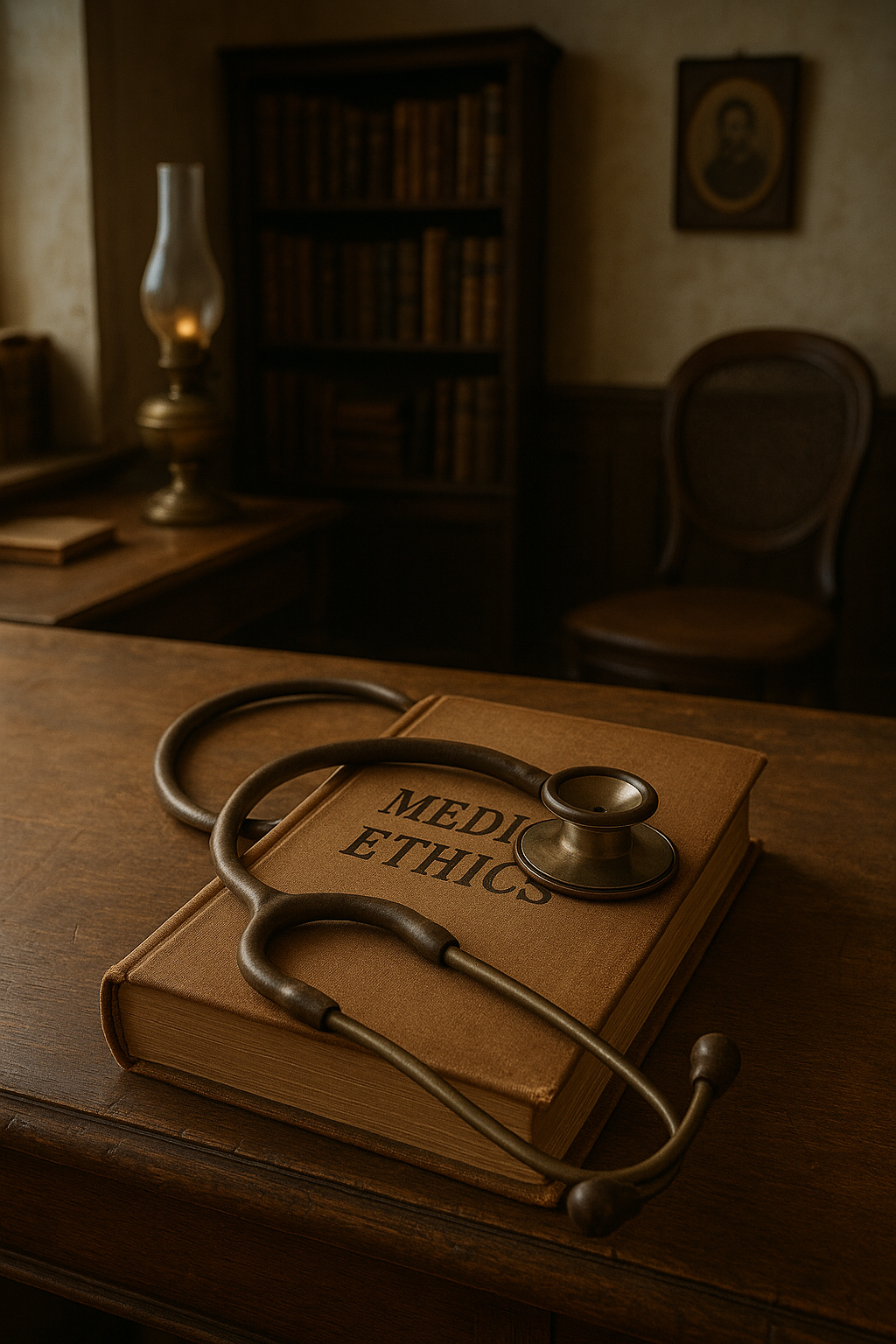 A Victorian stethoscope lying on a book titled "Medical Ethics"