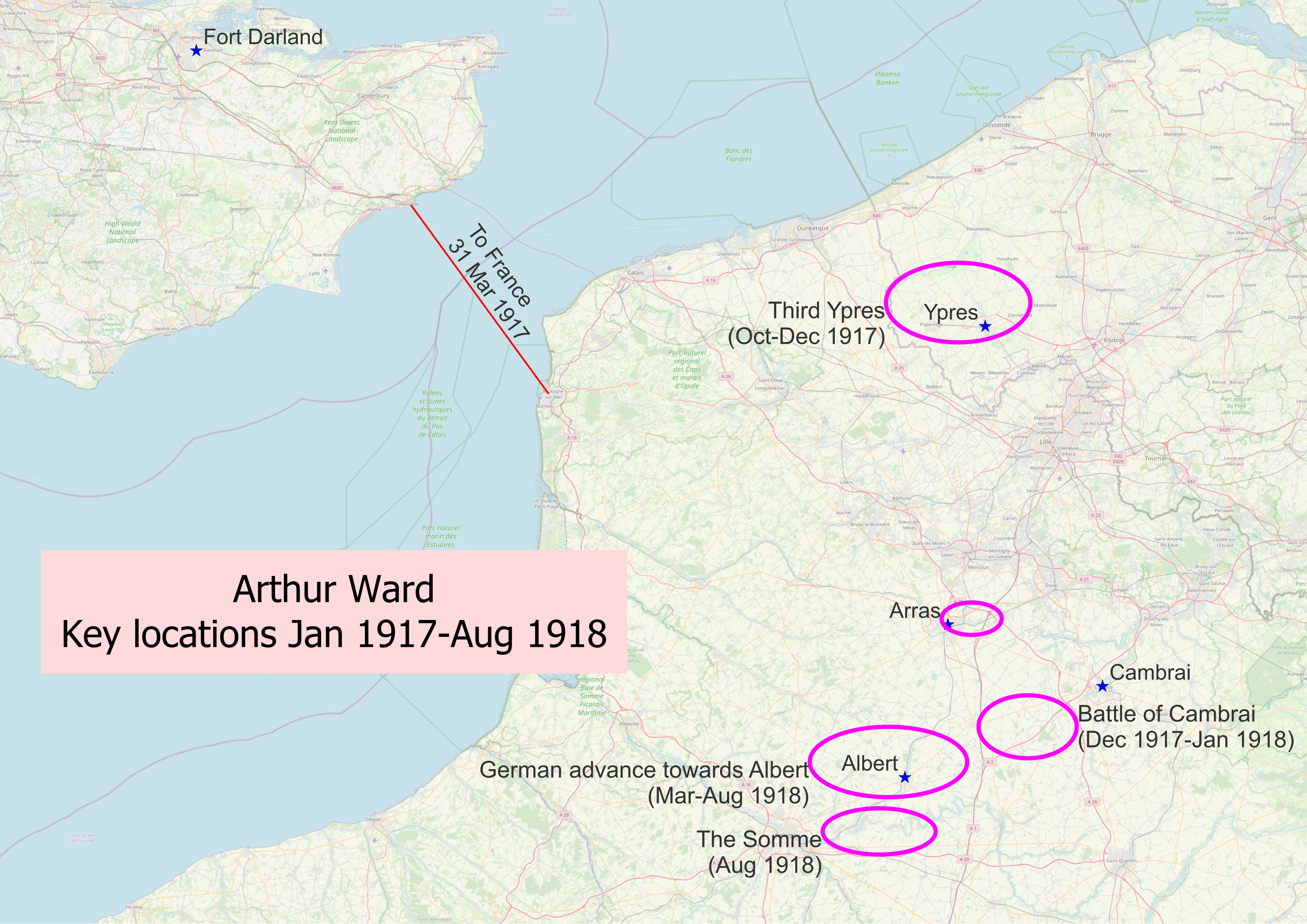 Arthur Ward Key Locations Jan1917-Aug 1918