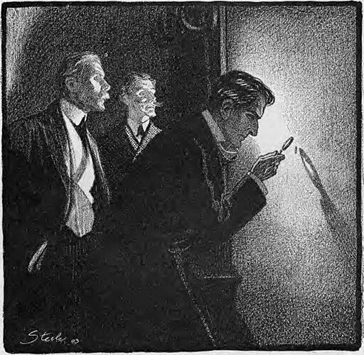 A line drawing of Holmes examining the thumbprint, a 1903 illustration by Frederic Dorr Steele