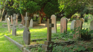 A scene of a typical Victorian cemetery.