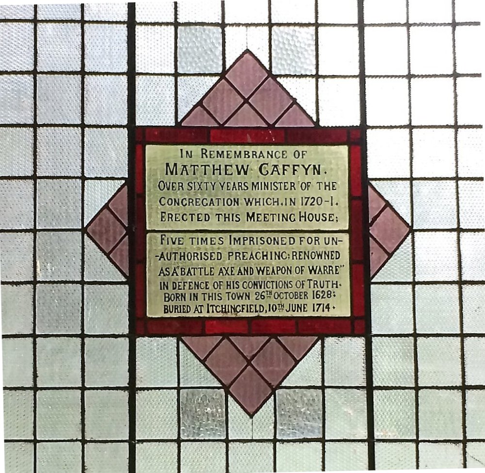 A stained glass memorial window commemorating Matthew Caffyn located in the Unitarian Church, Worthing Road, Horsham, West Sussex