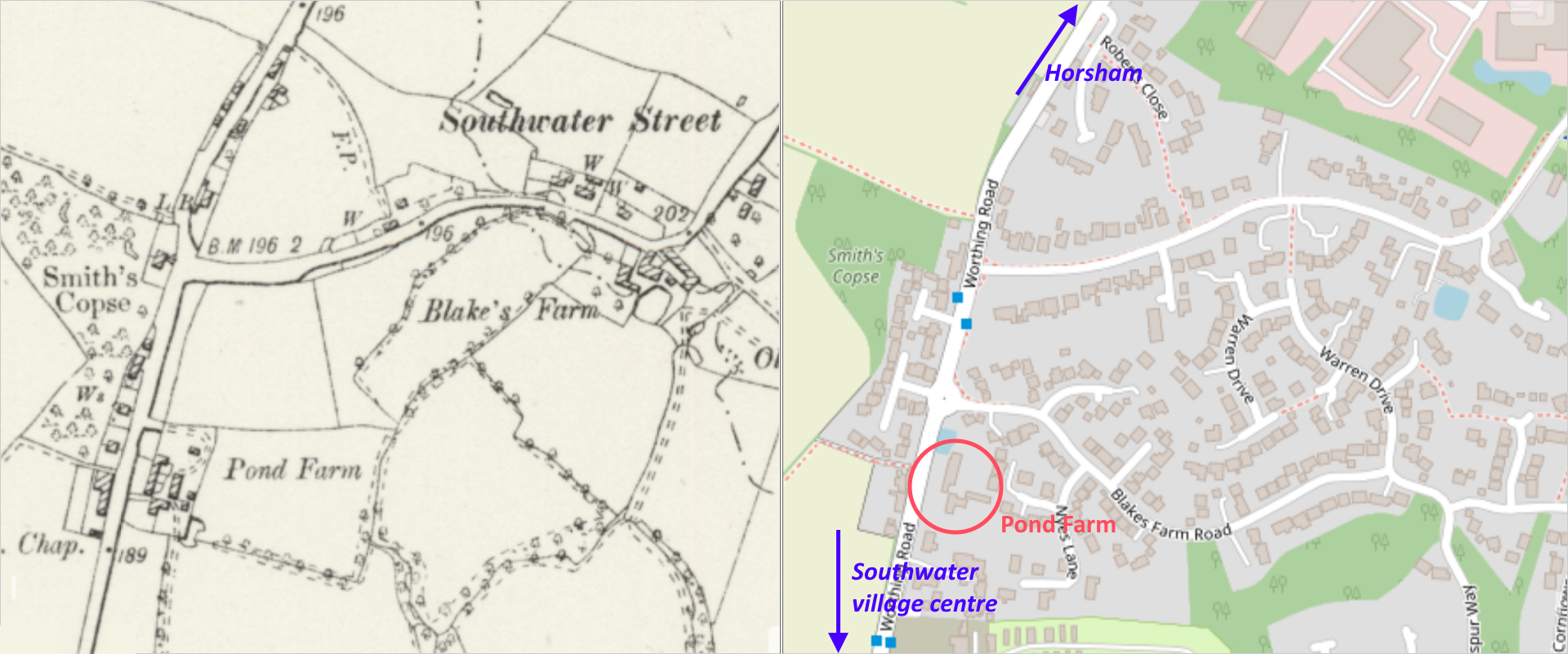 The location of Pond Farm, Southwater, West Sussex