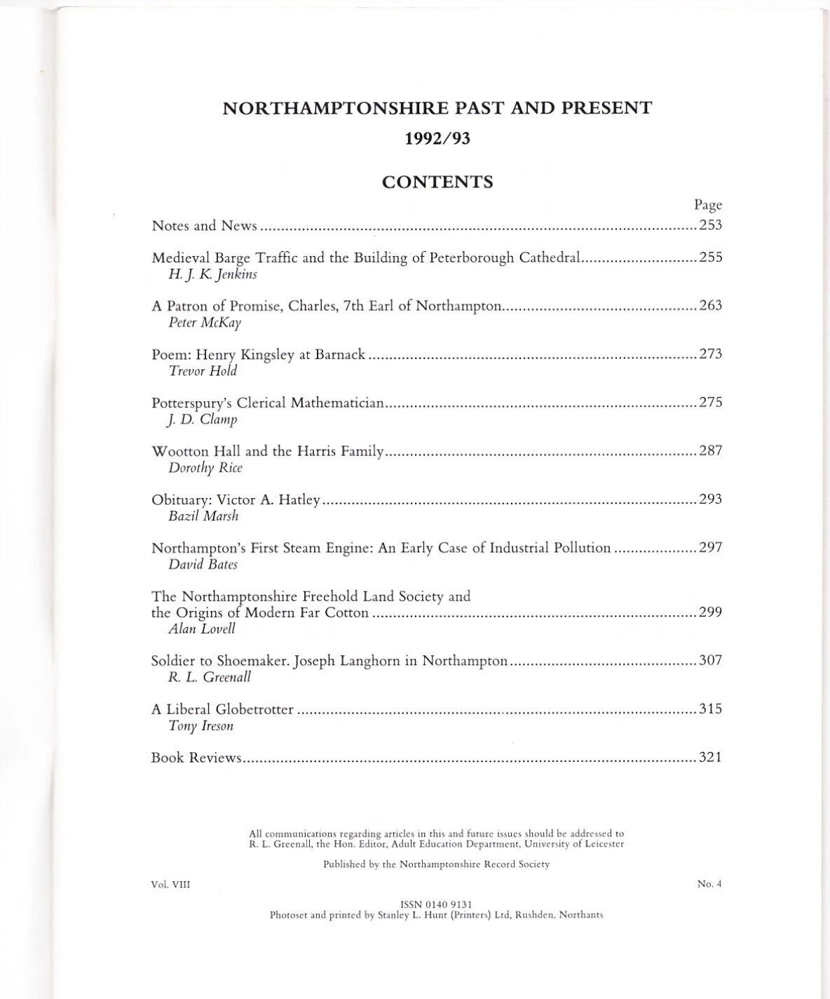 Northamptonshire Past & Present Voume 8 part 4 1992-93 Contents