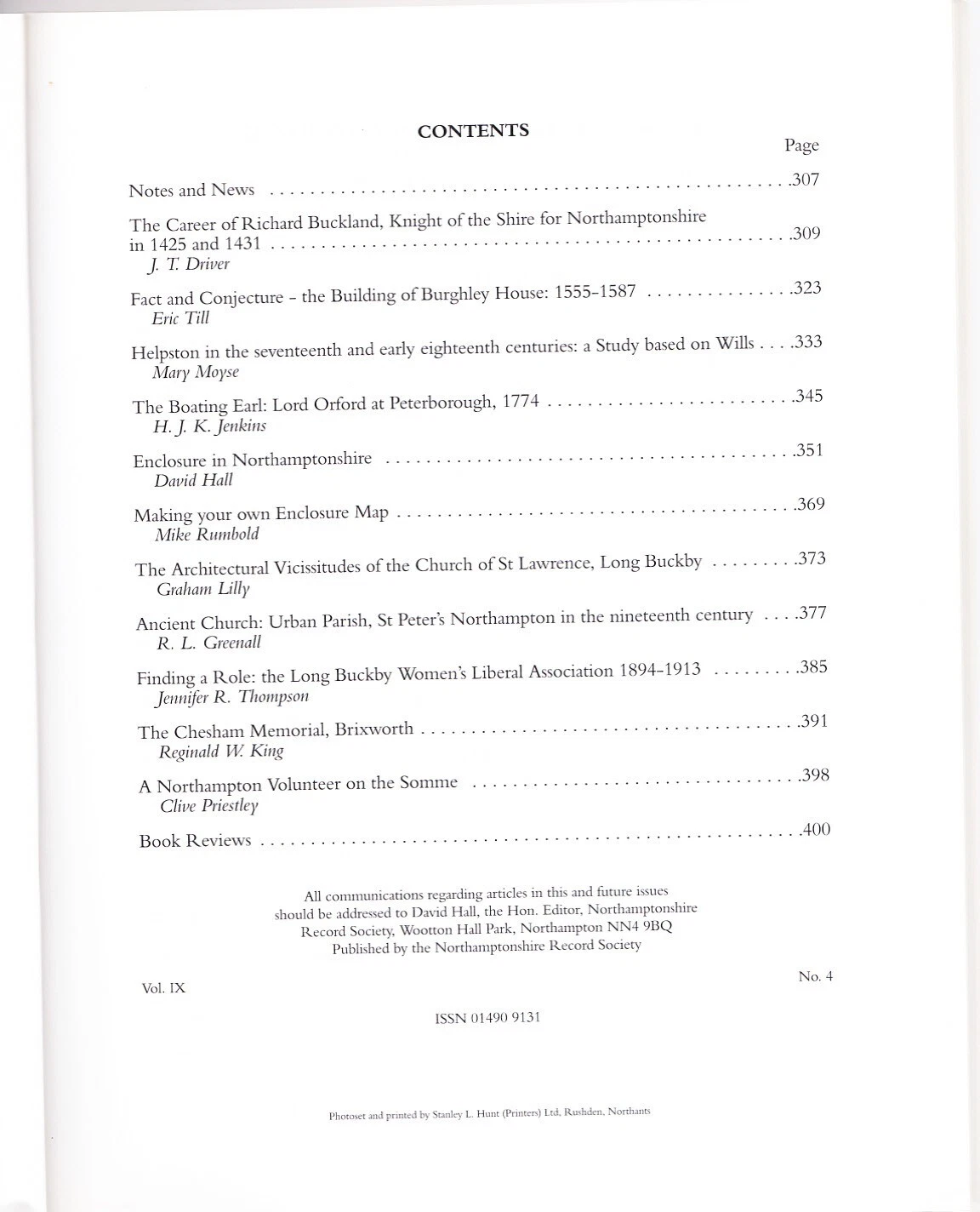 Northamptonshire Past & Present Volume 9 part 4 Contents