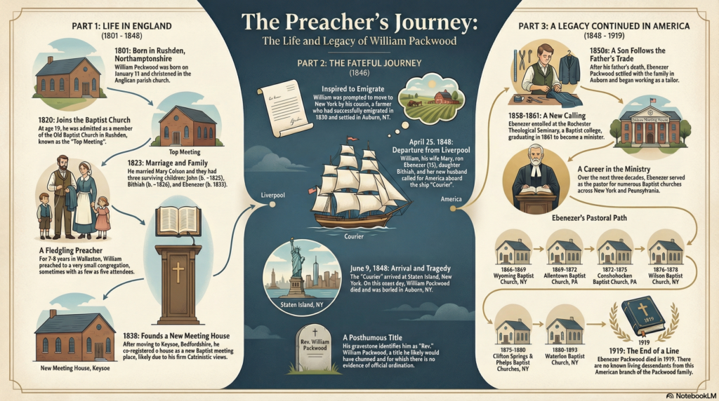 An inforgraphic charting the life of William Packwood in England (left), his voyge to  the United States (centre) an the subsequent career of his son Ebenezer also a Baptist pastor.