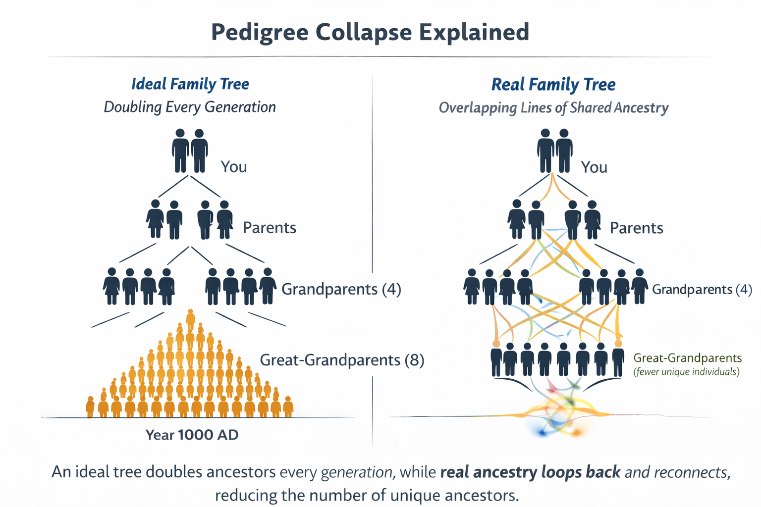 An ideal tree doubles ancestors every generation, while real ancestry loops back and reconnects, reducing the number of unique ancestors.
