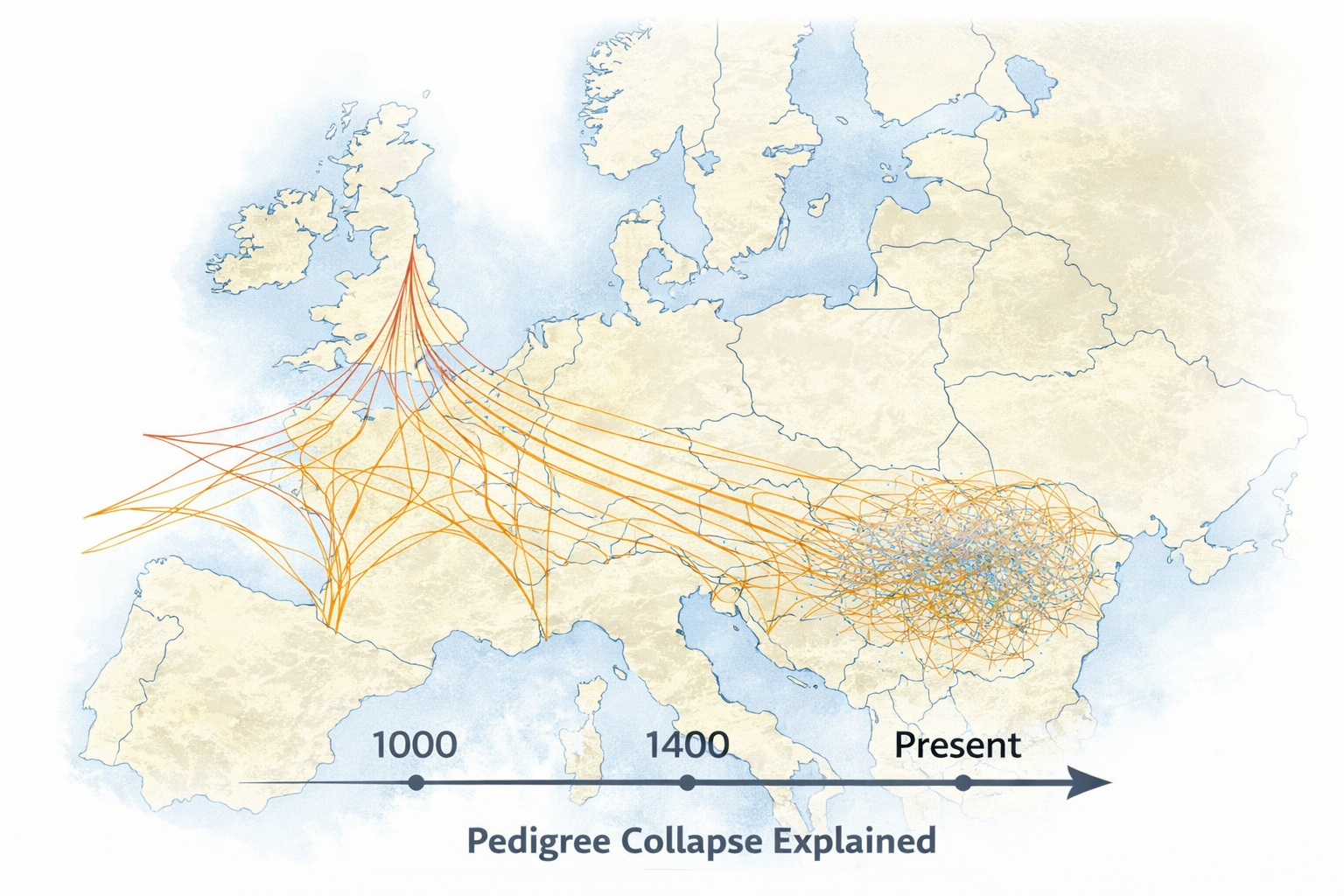 Illustrating pedigree collapse among ancestors across Europe over time.