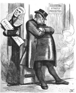 A Victorian sketch highlighting the tensions over segregation in burial grounds and the Burials Bill. 