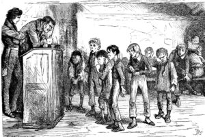A sketch of a scene inside a mid-Victorian classroom.